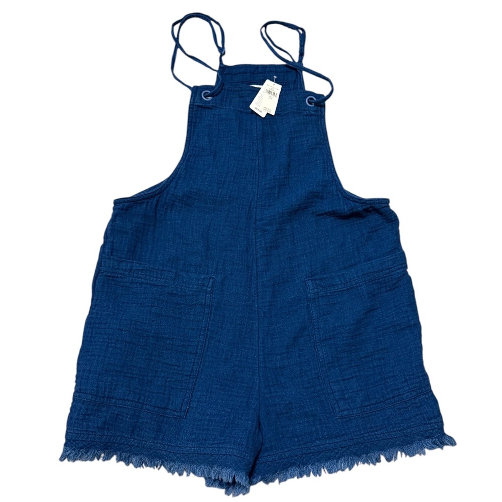 NWT Aerie Blue Cotton‎ Gauze Shortall Overalls Fringe Hem Small Boho Cottage